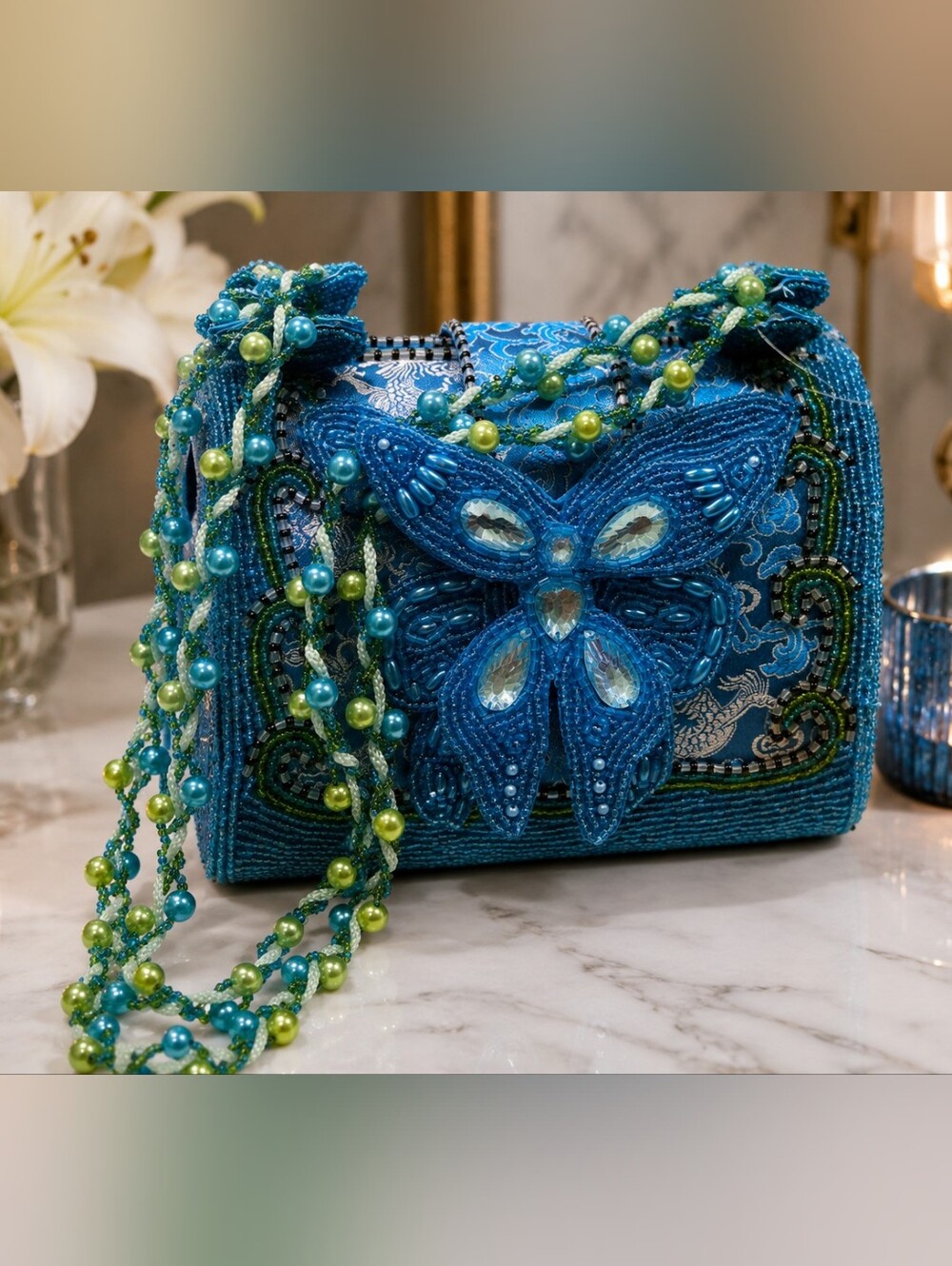 Ornate Turquoise Beaded Butterfly Bag • New With Tags • Mary Frances Inspired